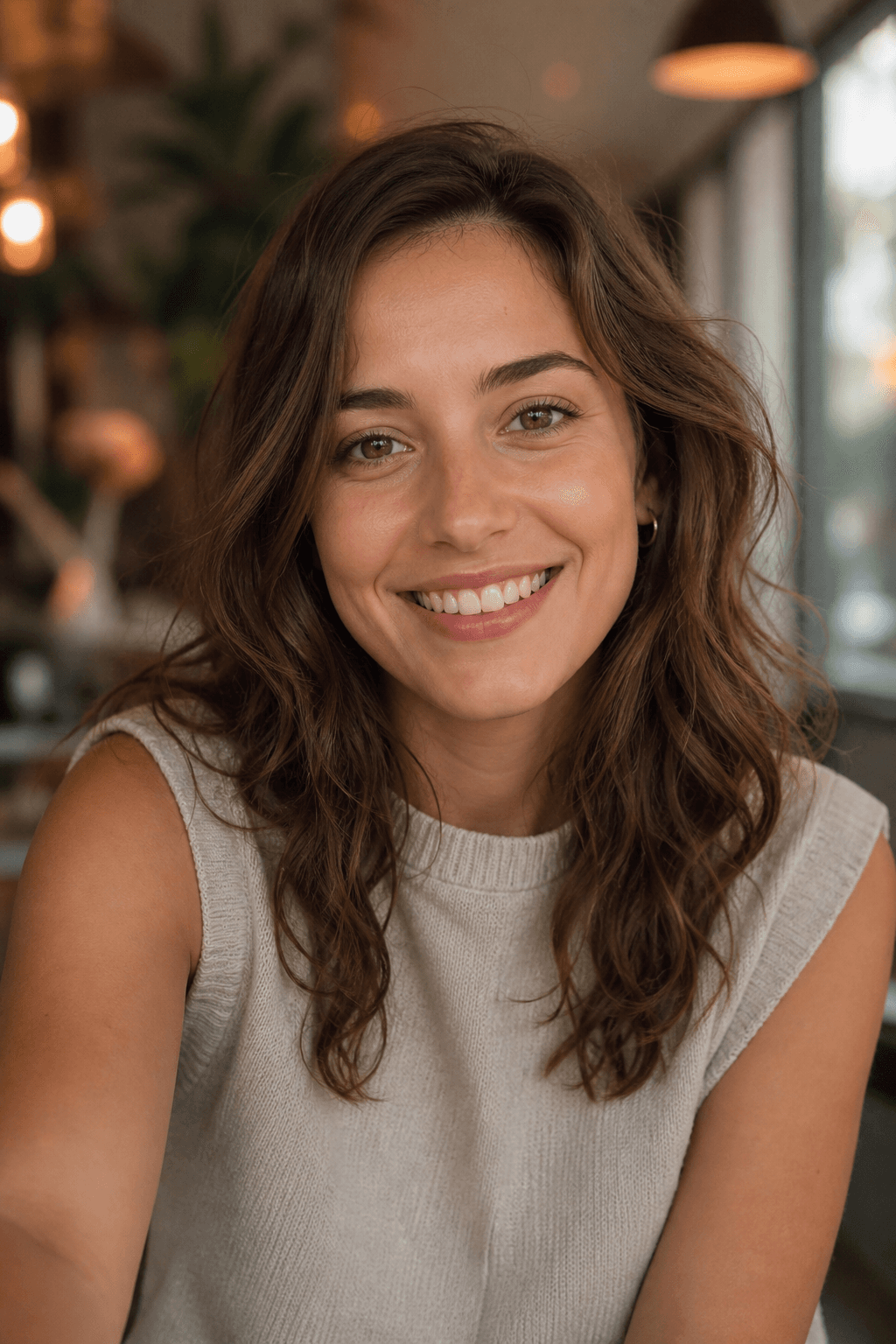 Maya on a video call, smiling warmly from a sunlit cafe as if she is mid-conversation.